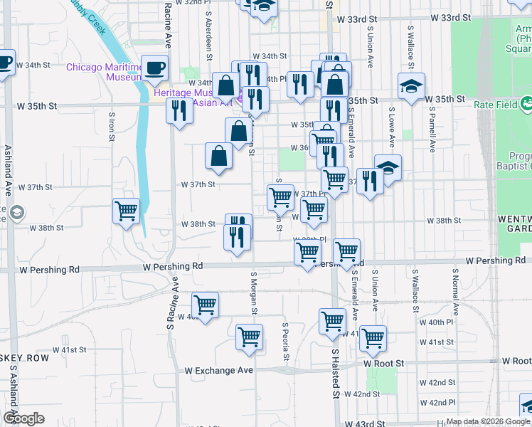 map of restaurants, bars, coffee shops, grocery stores, and more near 3756 South Sangamon Street in Chicago