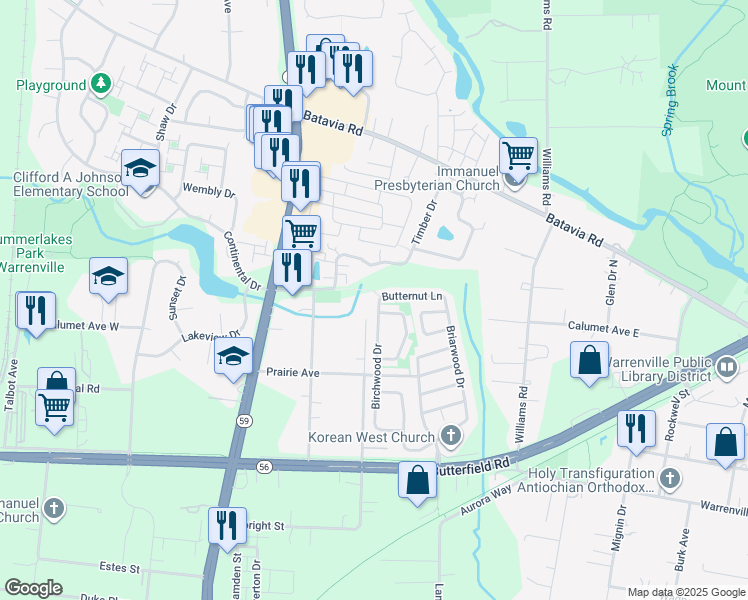 map of restaurants, bars, coffee shops, grocery stores, and more near 29W531 Meadow Avenue in Warrenville