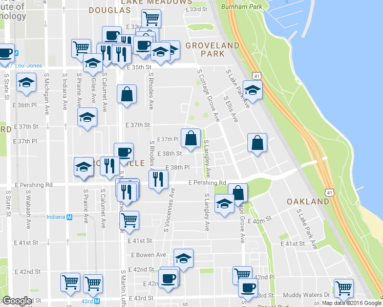map of restaurants, bars, coffee shops, grocery stores, and more near 631 East 38th Street in Chicago