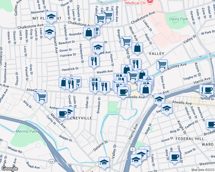 map of restaurants, bars, coffee shops, grocery stores, and more near 65 Newark Street in Providence