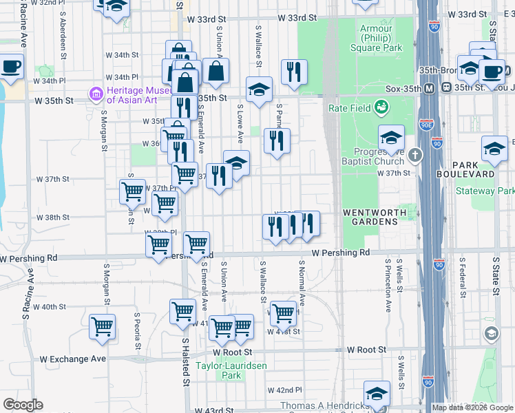 map of restaurants, bars, coffee shops, grocery stores, and more near 3748 South Wallace Street in Chicago