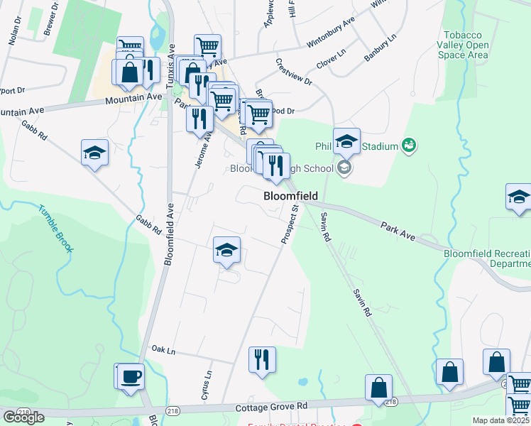 map of restaurants, bars, coffee shops, grocery stores, and more near 21 Scott Drive in Bloomfield