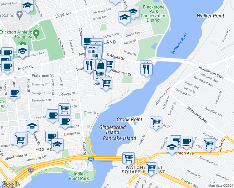 map of restaurants, bars, coffee shops, grocery stores, and more near 1 Butler Avenue in Providence