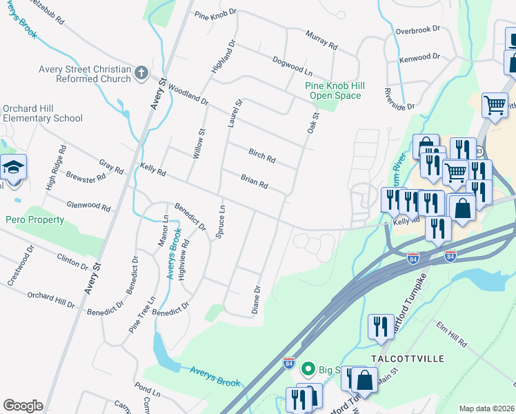 map of restaurants, bars, coffee shops, grocery stores, and more near 170 Kelly Road in South Windsor