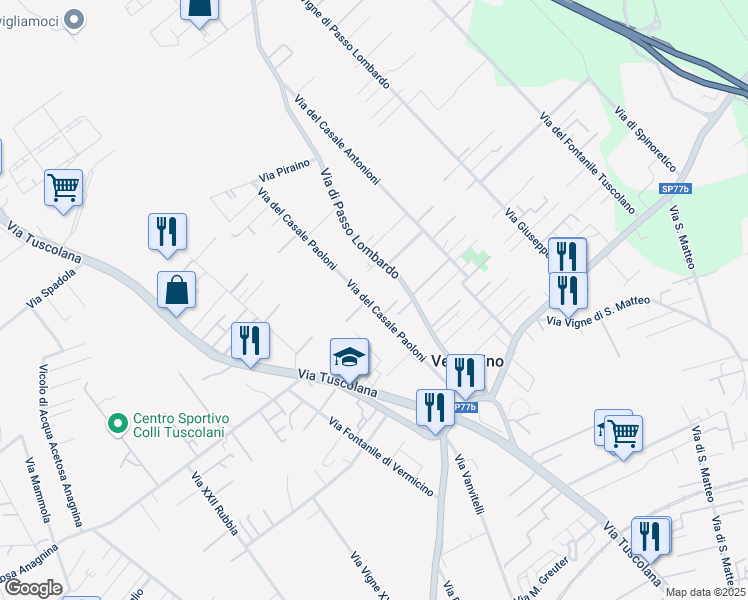 map of restaurants, bars, coffee shops, grocery stores, and more near 70 Via del Casale Paoloni in Roma