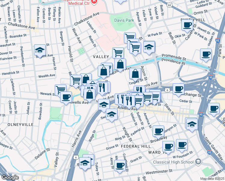 map of restaurants, bars, coffee shops, grocery stores, and more near 6 Sims Avenue in Providence