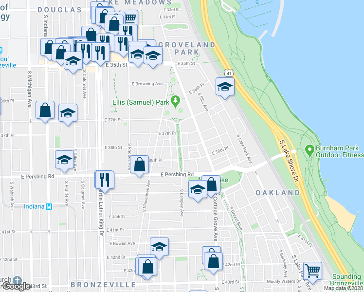map of restaurants, bars, coffee shops, grocery stores, and more near S Langley Ave & E 38th St in Chicago