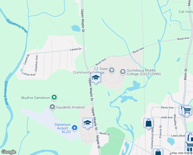 map of restaurants, bars, coffee shops, grocery stores, and more near 760 Upper Maple Street in Killingly
