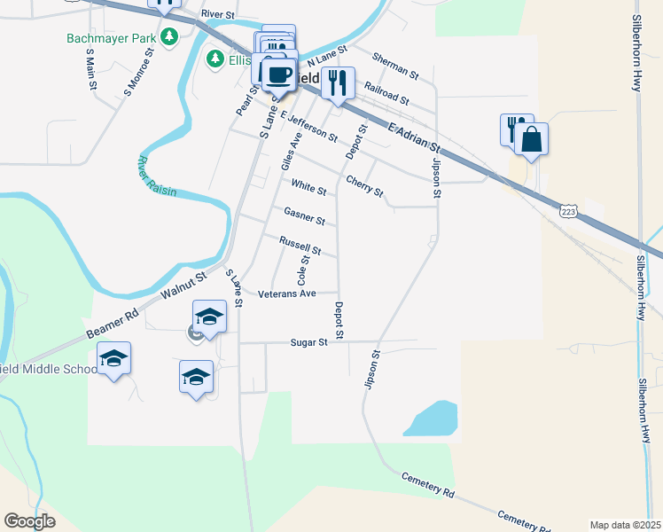 map of restaurants, bars, coffee shops, grocery stores, and more near 234 Russell Street in Blissfield