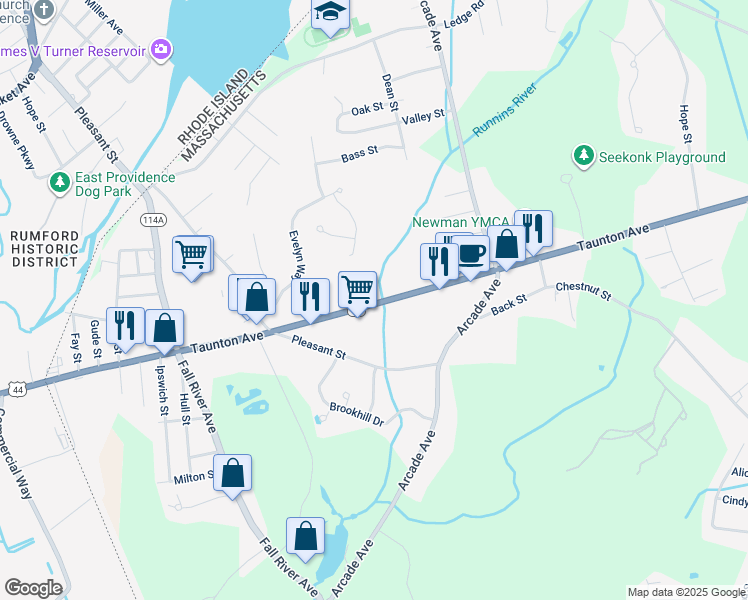 map of restaurants, bars, coffee shops, grocery stores, and more near 304 U.S. 44 in Seekonk