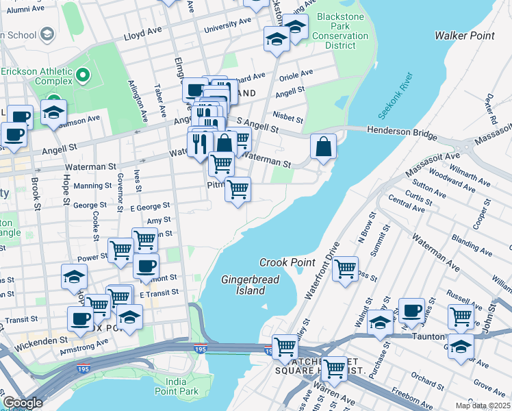 map of restaurants, bars, coffee shops, grocery stores, and more near 1 Butler Avenue in Providence