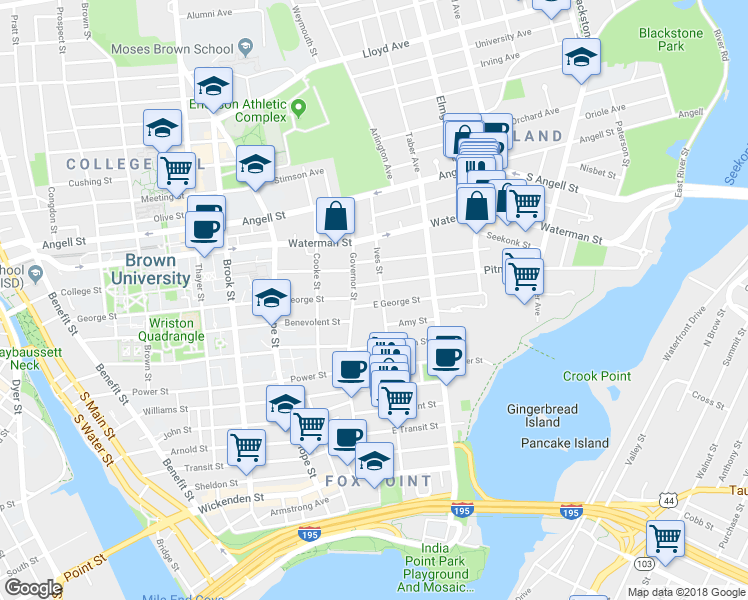 map of restaurants, bars, coffee shops, grocery stores, and more near in Providence