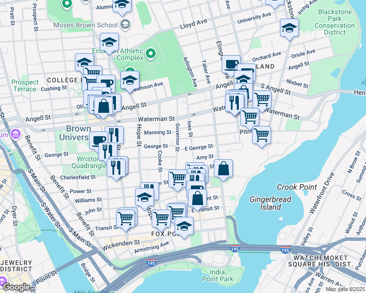 map of restaurants, bars, coffee shops, grocery stores, and more near 158 Governor Street in Providence