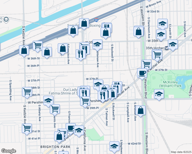 map of restaurants, bars, coffee shops, grocery stores, and more near 2716 West 37th Place in Chicago