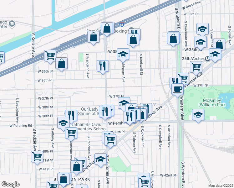 map of restaurants, bars, coffee shops, grocery stores, and more near 2716 West 37th Place in Chicago