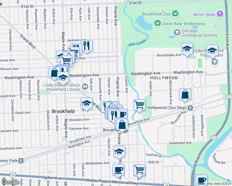 map of restaurants, bars, coffee shops, grocery stores, and more near 3544 Prairie Avenue in Brookfield