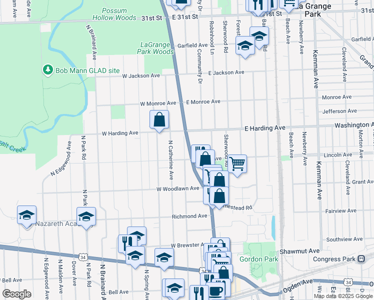 map of restaurants, bars, coffee shops, grocery stores, and more near 622 North Ashland Avenue in La Grange Park