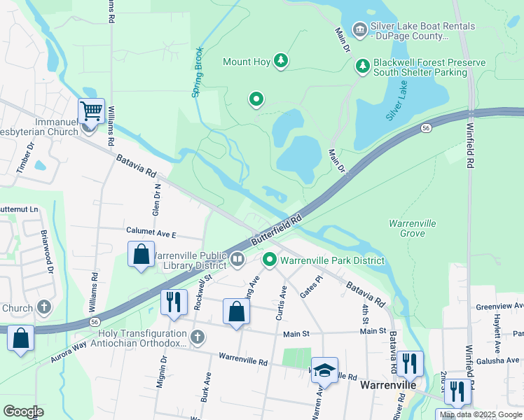 map of restaurants, bars, coffee shops, grocery stores, and more near 28W620 Batavia Road in Warrenville
