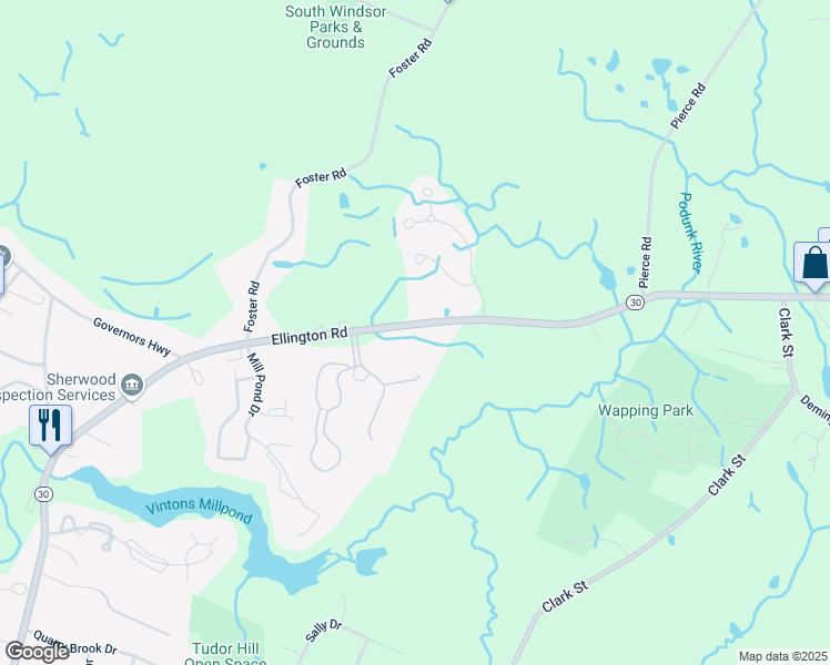 map of restaurants, bars, coffee shops, grocery stores, and more near 1311 Ellington Road in South Windsor