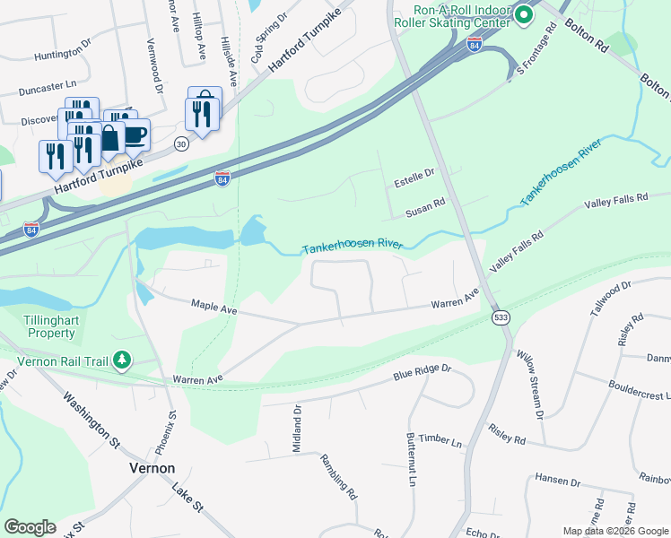 map of restaurants, bars, coffee shops, grocery stores, and more near 80 Frederick Road in Vernon