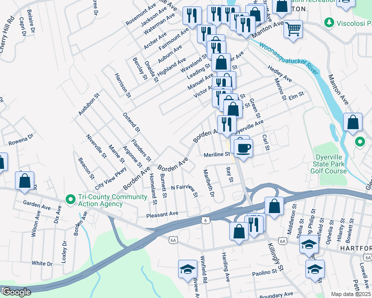 map of restaurants, bars, coffee shops, grocery stores, and more near 3 Abel Street in Johnston