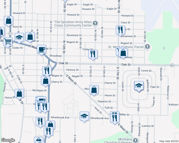 map of restaurants, bars, coffee shops, grocery stores, and more near 1440 Hickory Street in Niles