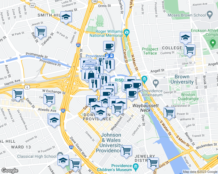 map of restaurants, bars, coffee shops, grocery stores, and more near 40 West Exchange Street in Providence