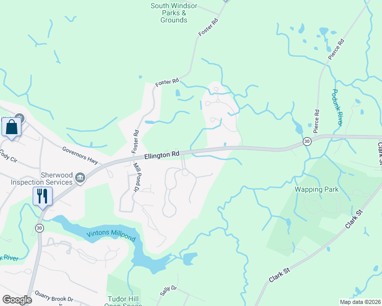 map of restaurants, bars, coffee shops, grocery stores, and more near 13 Candlewood Drive in South Windsor