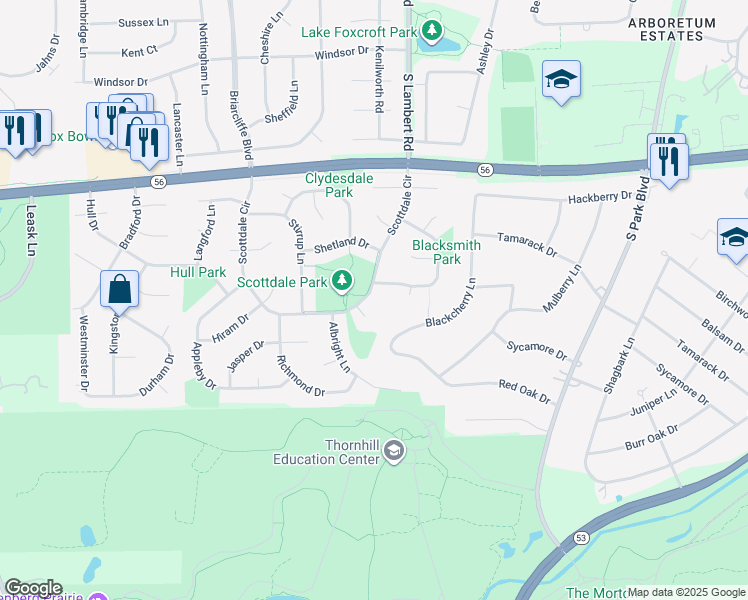 map of restaurants, bars, coffee shops, grocery stores, and more near 1973 Scottdale Circle in Wheaton