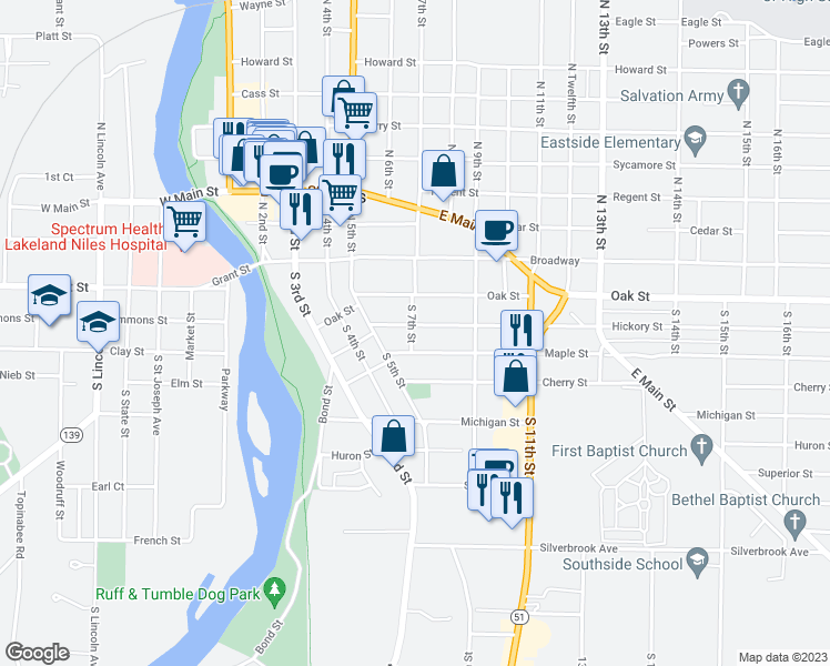map of restaurants, bars, coffee shops, grocery stores, and more near 702 Hickory Street in Niles