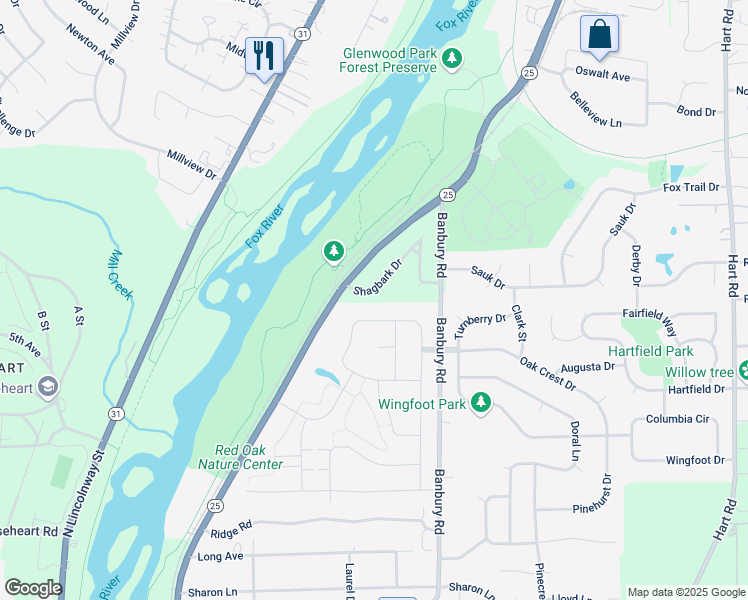 map of restaurants, bars, coffee shops, grocery stores, and more near 2S973 Shagbark Drive in Batavia
