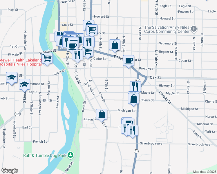 map of restaurants, bars, coffee shops, grocery stores, and more near 702 Hickory Street in Niles