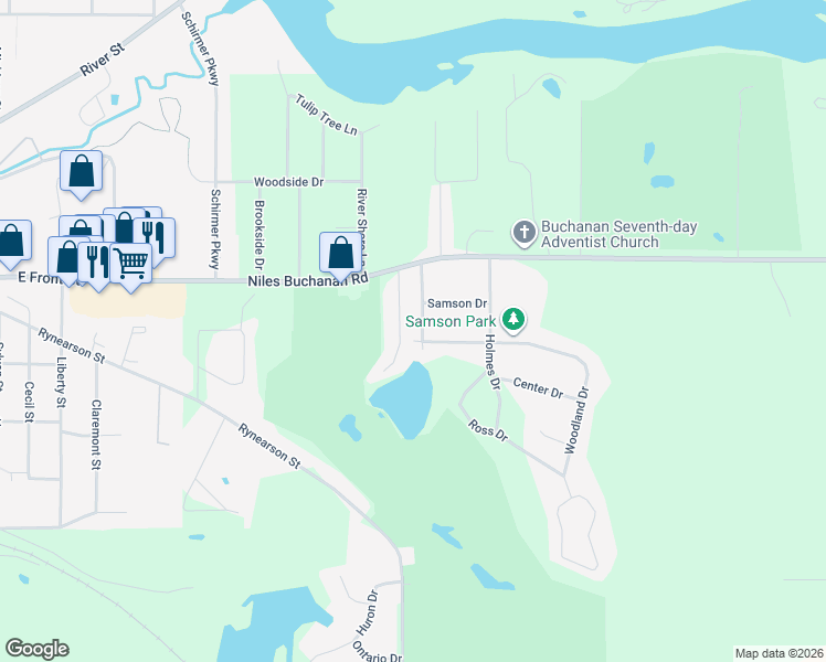map of restaurants, bars, coffee shops, grocery stores, and more near 210 South Hamilton Drive in Buchanan