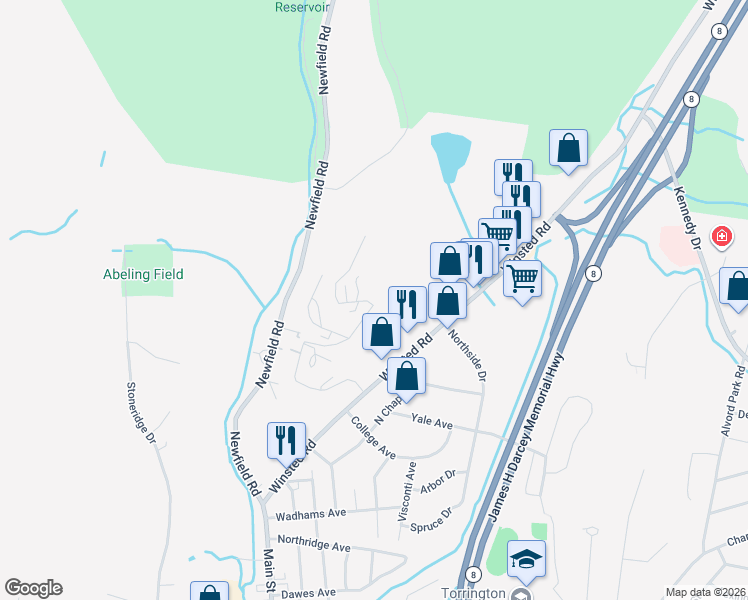 map of restaurants, bars, coffee shops, grocery stores, and more near 112 Queens Road in Torrington