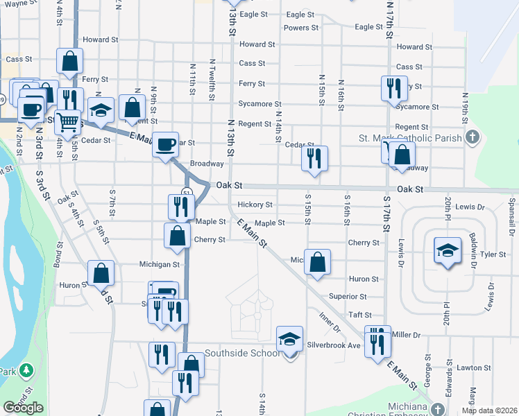 map of restaurants, bars, coffee shops, grocery stores, and more near 1342 Hickory Street in Niles