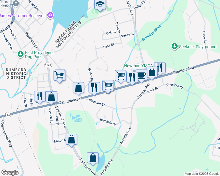 map of restaurants, bars, coffee shops, grocery stores, and more near 304 U.S. 44 in Seekonk