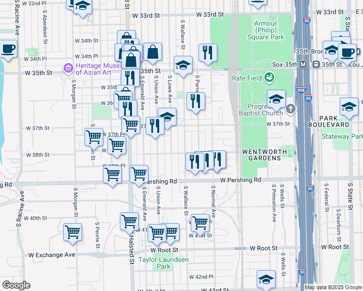 map of restaurants, bars, coffee shops, grocery stores, and more near 3746 South Wallace Street in Chicago