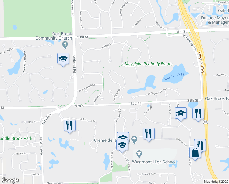 map of restaurants, bars, coffee shops, grocery stores, and more near 408 Bridgeway Court in Oak Brook