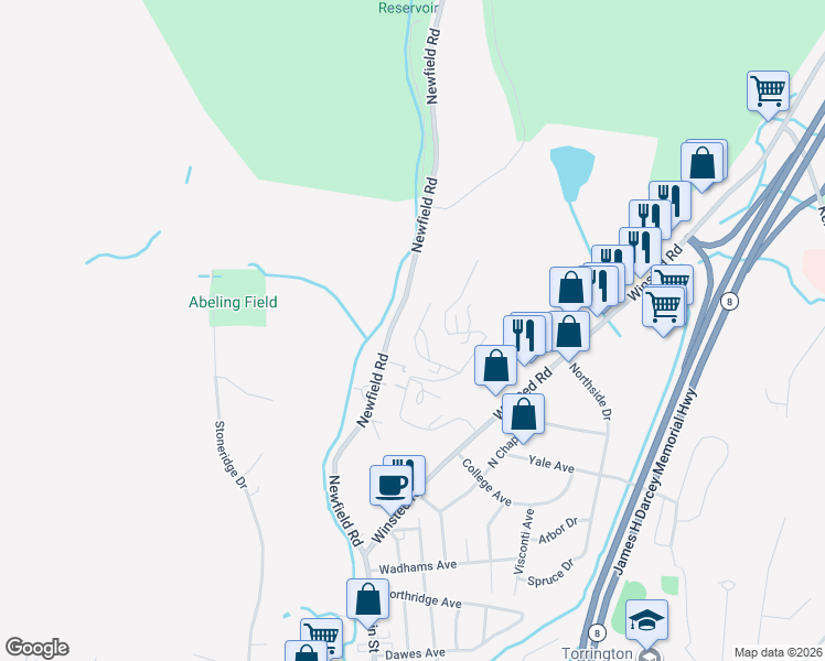 map of restaurants, bars, coffee shops, grocery stores, and more near 99 Hunter Court in Torrington