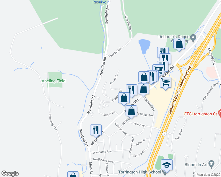 map of restaurants, bars, coffee shops, grocery stores, and more near 146 Queens Road in Torrington