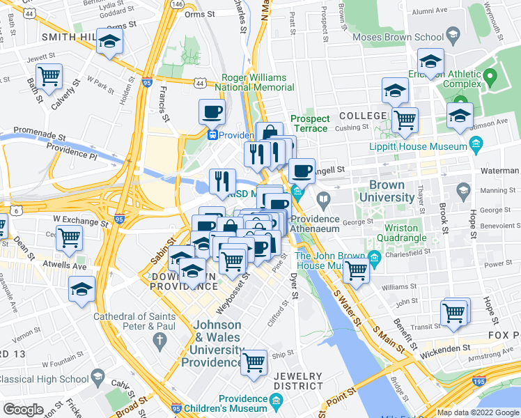 map of restaurants, bars, coffee shops, grocery stores, and more near 25 Kennedy Plaza in Providence