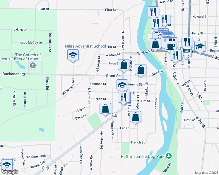 map of restaurants, bars, coffee shops, grocery stores, and more near 111 Spruce Street in Niles