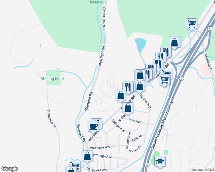map of restaurants, bars, coffee shops, grocery stores, and more near 146 Queens Road in Torrington