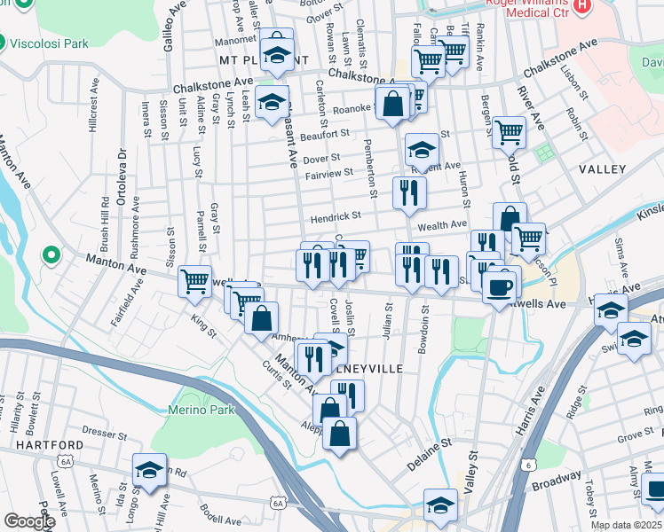 map of restaurants, bars, coffee shops, grocery stores, and more near 211 Carleton Street in Providence