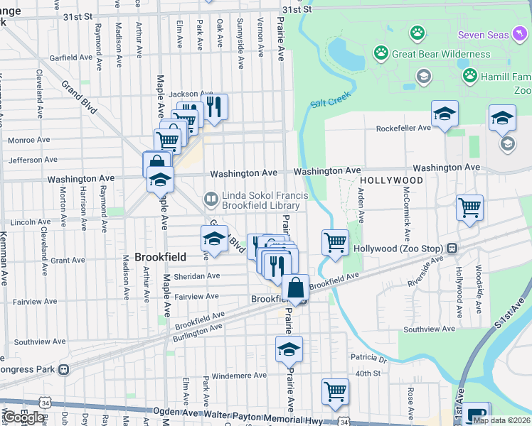 map of restaurants, bars, coffee shops, grocery stores, and more near Vernon Ave & Lincoln Ave in Brookfield