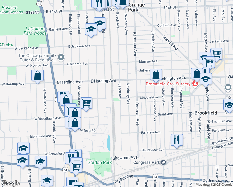map of restaurants, bars, coffee shops, grocery stores, and more near 608 Beach Avenue in La Grange Park