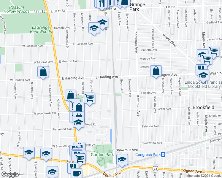 map of restaurants, bars, coffee shops, grocery stores, and more near 609 Barnsdale Road in La Grange Park