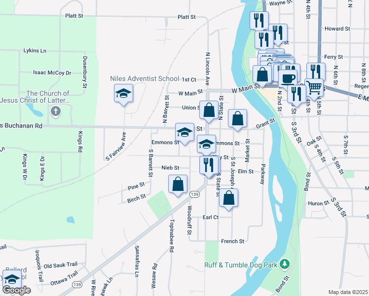 map of restaurants, bars, coffee shops, grocery stores, and more near 111 Spruce Street in Niles