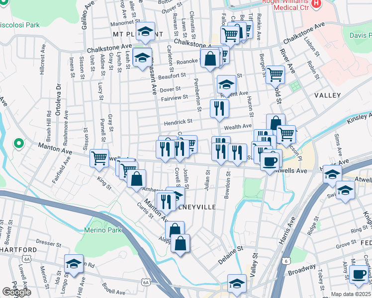 map of restaurants, bars, coffee shops, grocery stores, and more near 214 Carleton Street in Providence