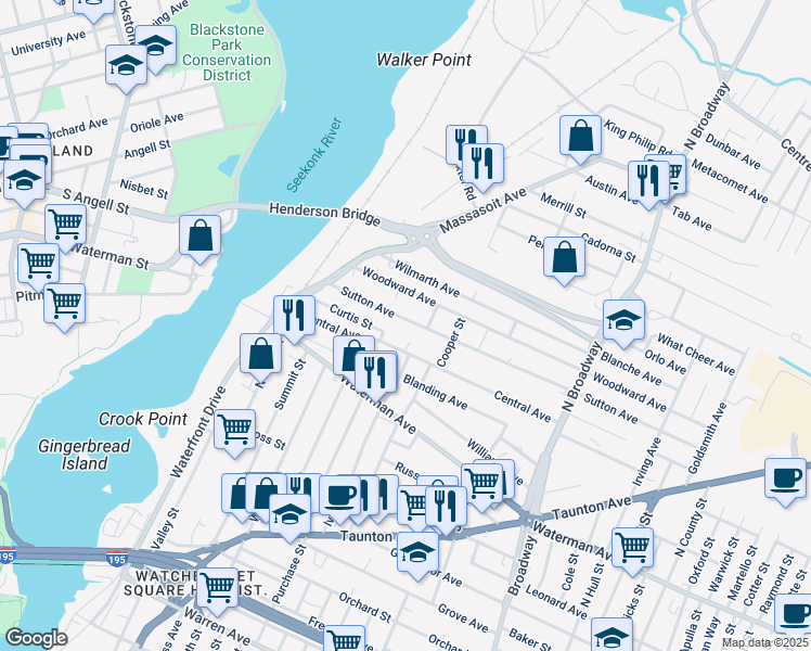 map of restaurants, bars, coffee shops, grocery stores, and more near 89 Sutton Ave in East Providence